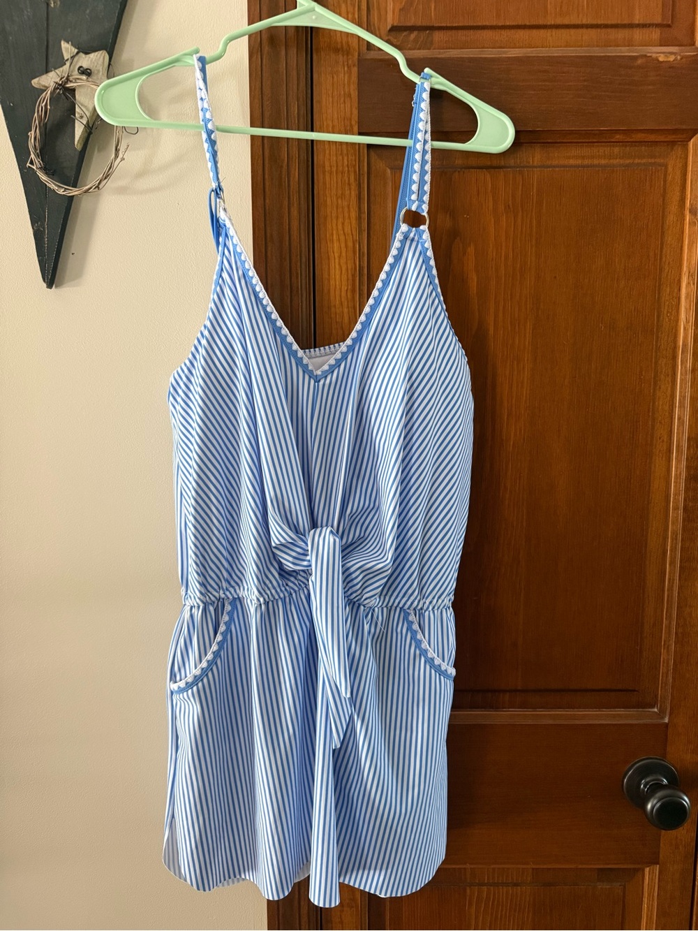 Striped Blue Tie-Front Romper One-Piece Swimsuit